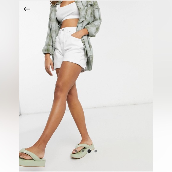 High Rise Denim Mom Shorts With Elastic Detail in White - Picture 3 of 10